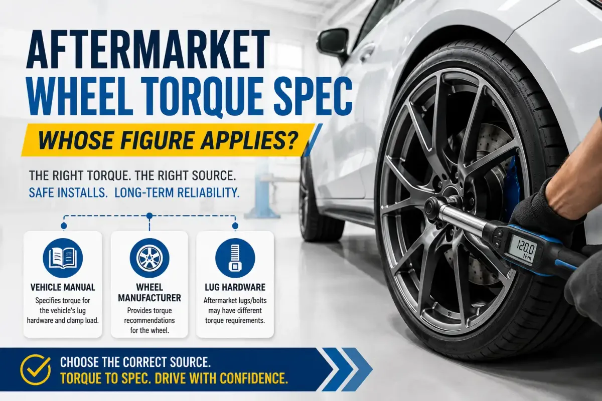 Aftermarket wheel torque spec guide showing a torque wrench, vehicle manual, wheel maker, and lug hardware sources