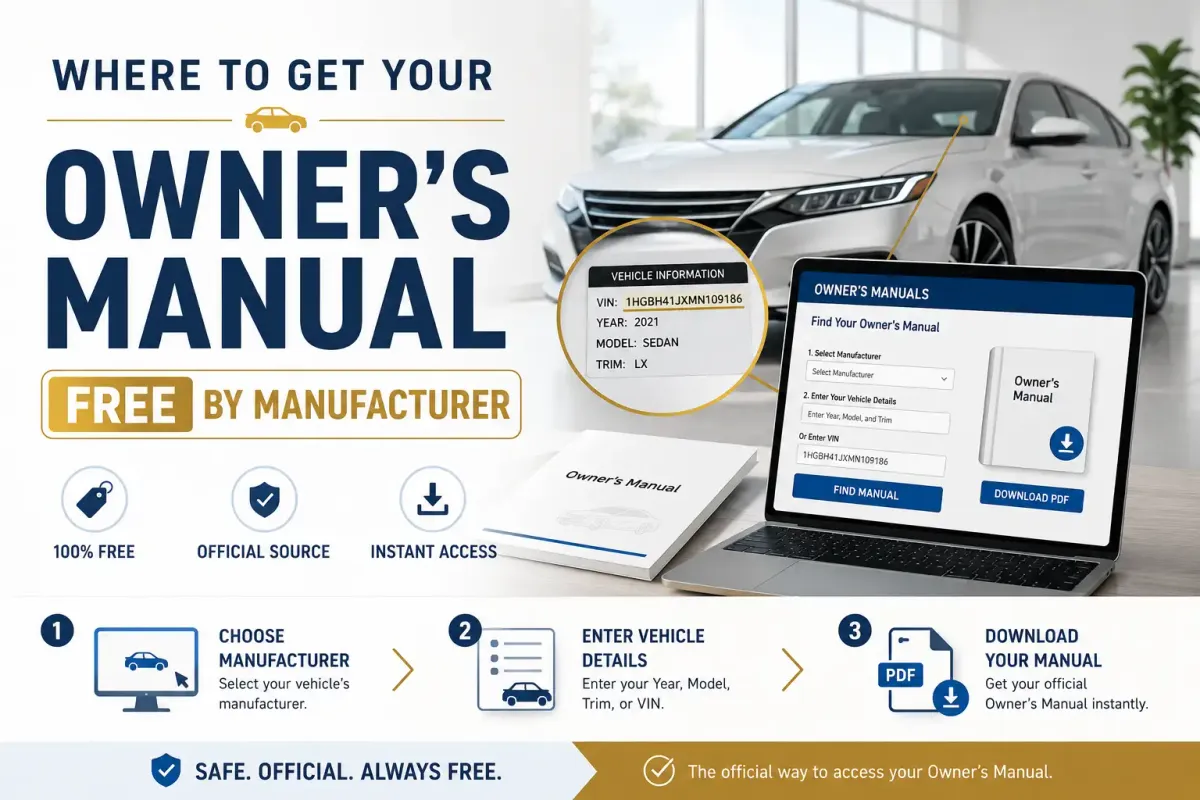 Free owner’s manual lookup guide showing a car, VIN details, laptop search, and downloadable manufacturer manual PDF