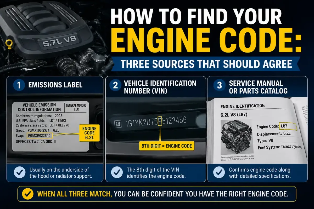 Engine code guide showing three sources to verify the correct engine code, including the emissions label, VIN, and service manual