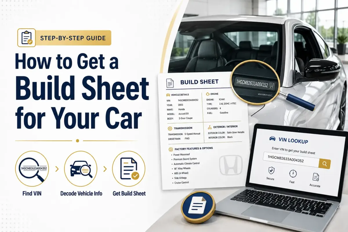 Car build sheet guide showing VIN lookup, vehicle details, factory options, and a laptop used to retrieve original build information