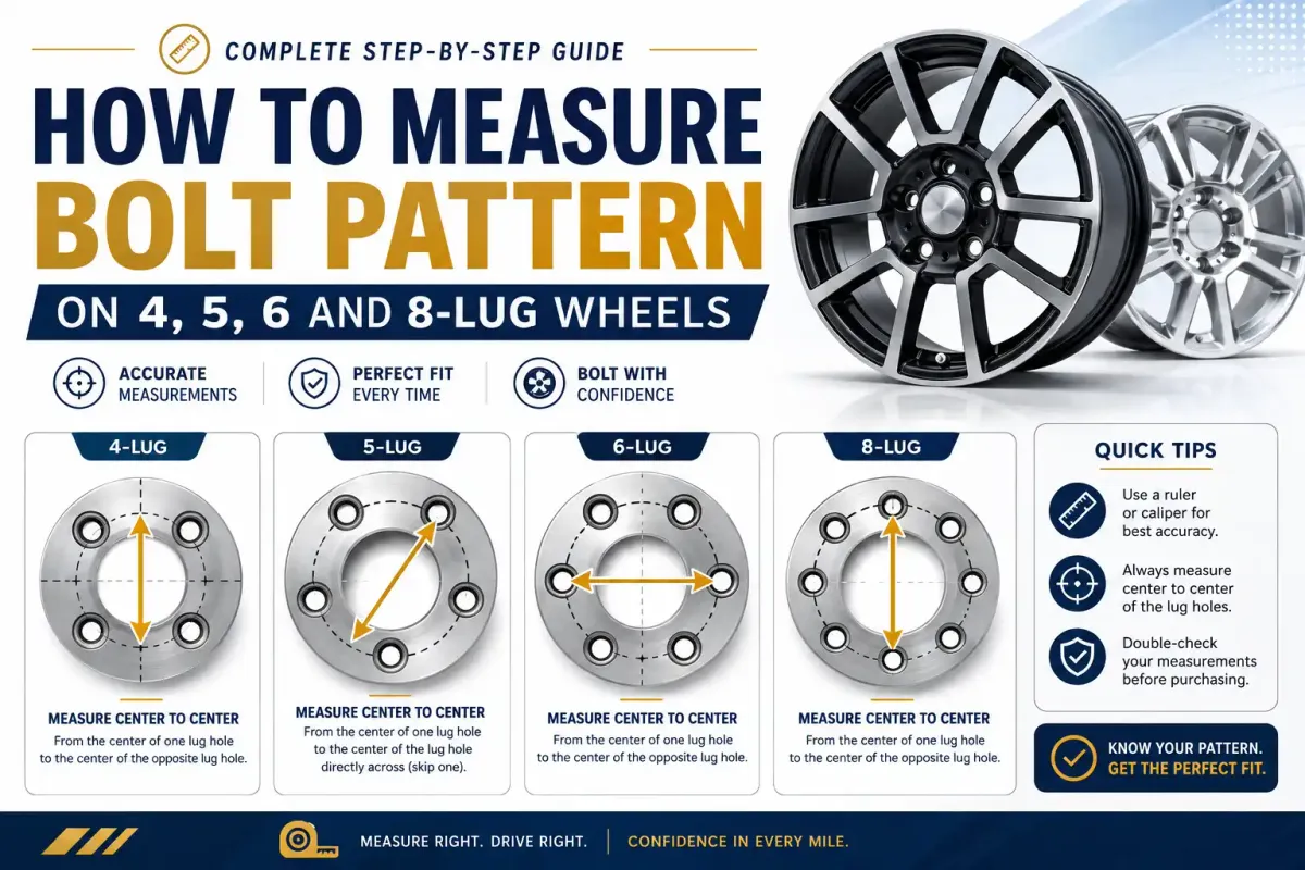Wheel bolt pattern measurement guide showing how to measure 4, 5, 6, and 8-lug wheels for correct fitment