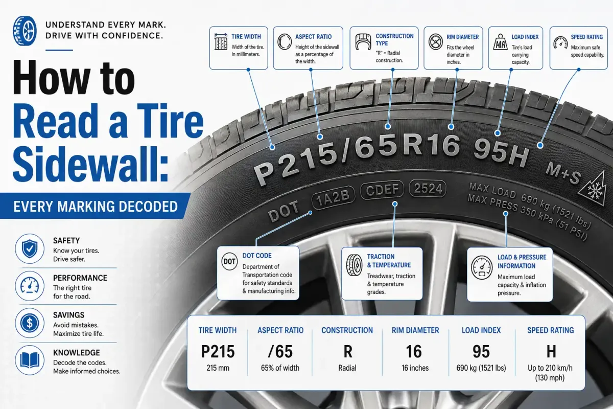 Tire sidewall guide showing how to read tire size, load index, speed rating, DOT code, and other sidewall markings