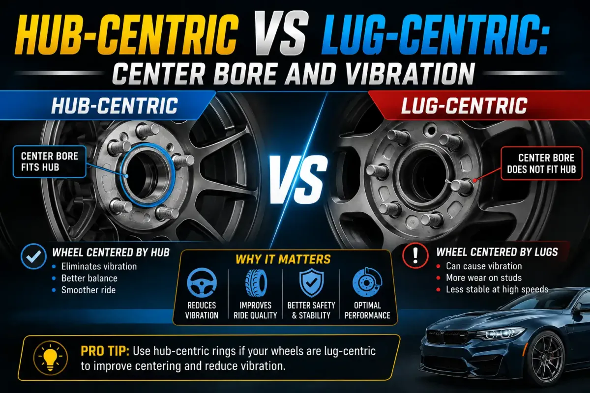 Hub-centric and lug-centric wheel comparison showing center bore fit, wheel centering, vibration differences, and hub-centric ring use