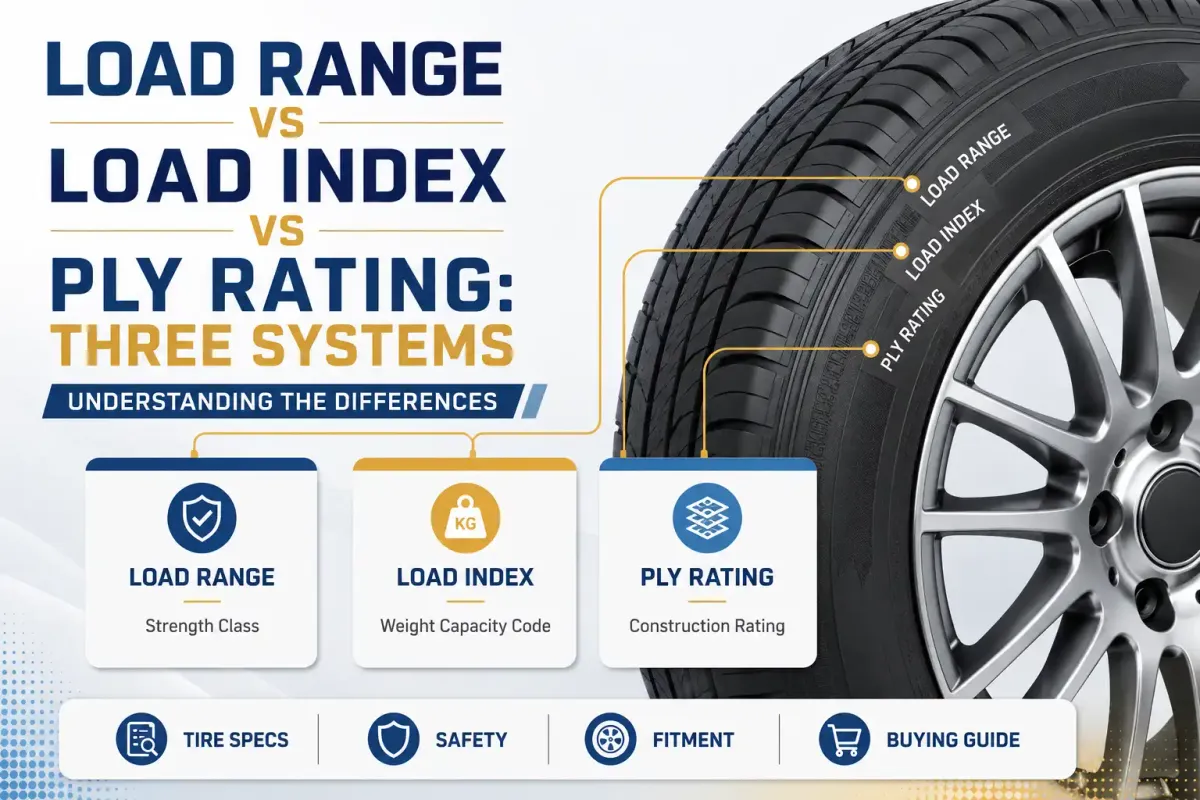 Tire guide comparing load range, load index, and ply rating, showing the differences between tire strength class, weight capacity code, and construction rating
