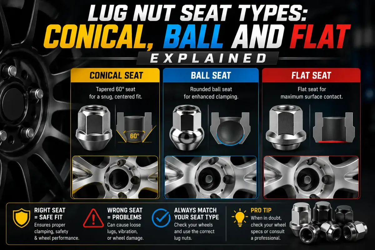 Lug nut seat types comparison showing conical, ball, and flat seat designs with wheel fitment examples and safety guidance
