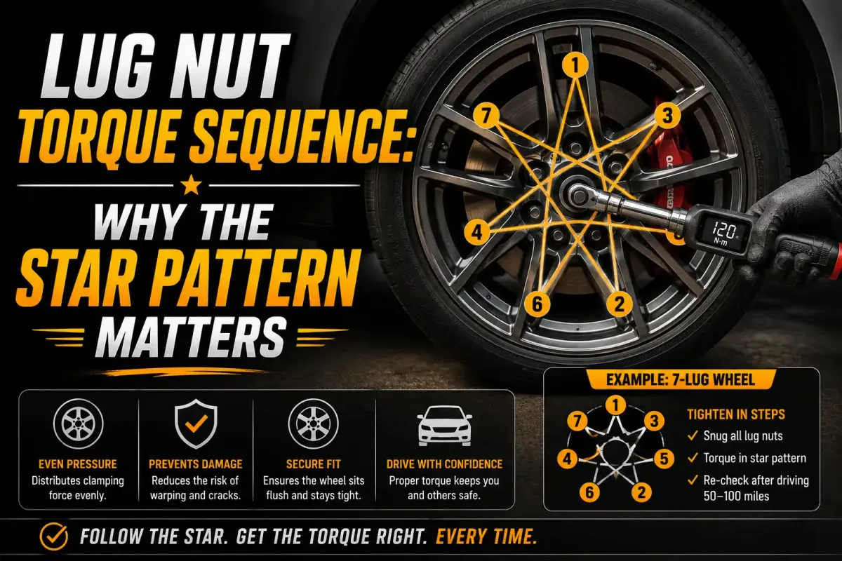 Lug nut torque sequence showing the star pattern for even wheel tightening