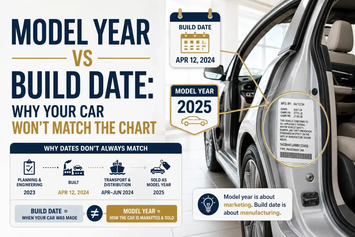 Model year and build date comparison showing a vehicle door-jamb label, manufacturing date, and model year differences