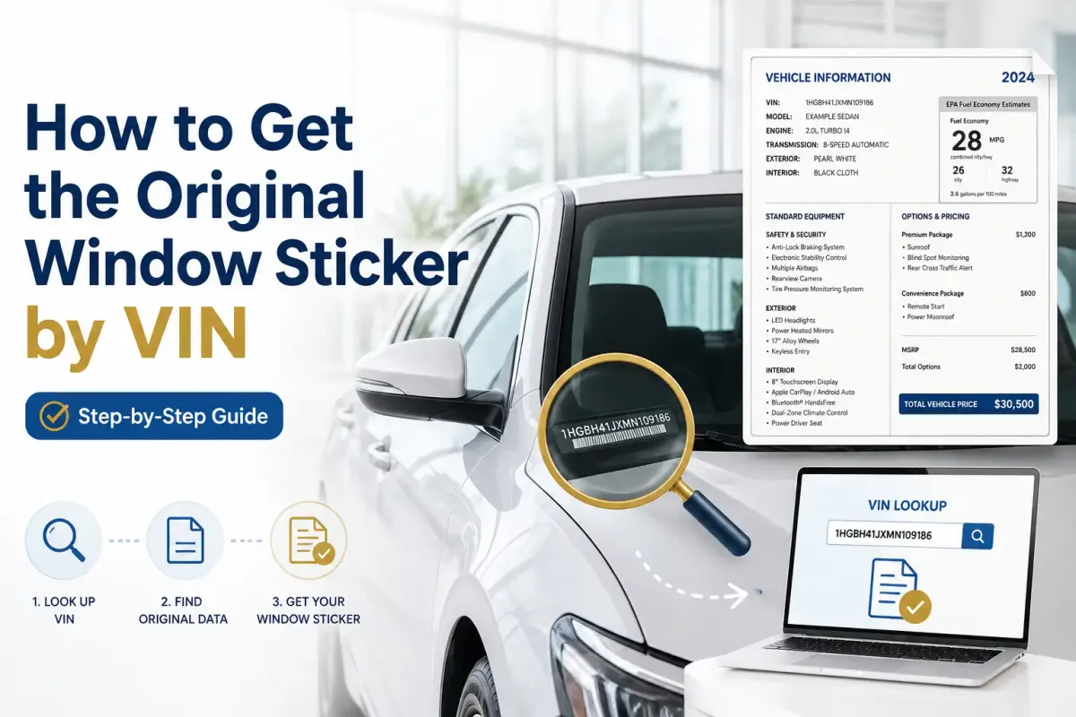 VIN lookup process showing a vehicle VIN, original window sticker, and laptop used to retrieve factory vehicle information