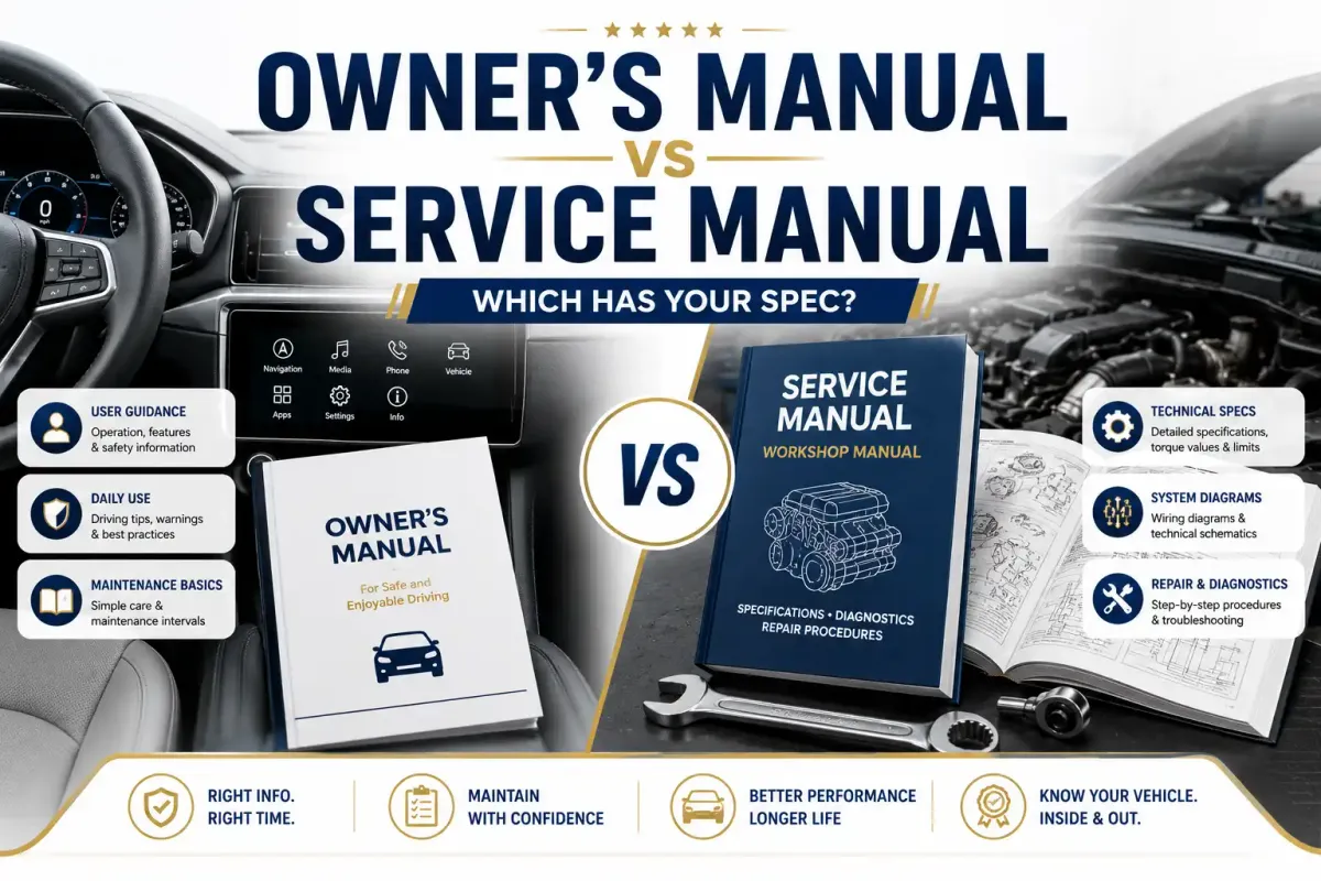 Owner’s manual and service manual compared side by side, showing where to find vehicle guidance, maintenance details, technical specs, diagrams, and repair information
