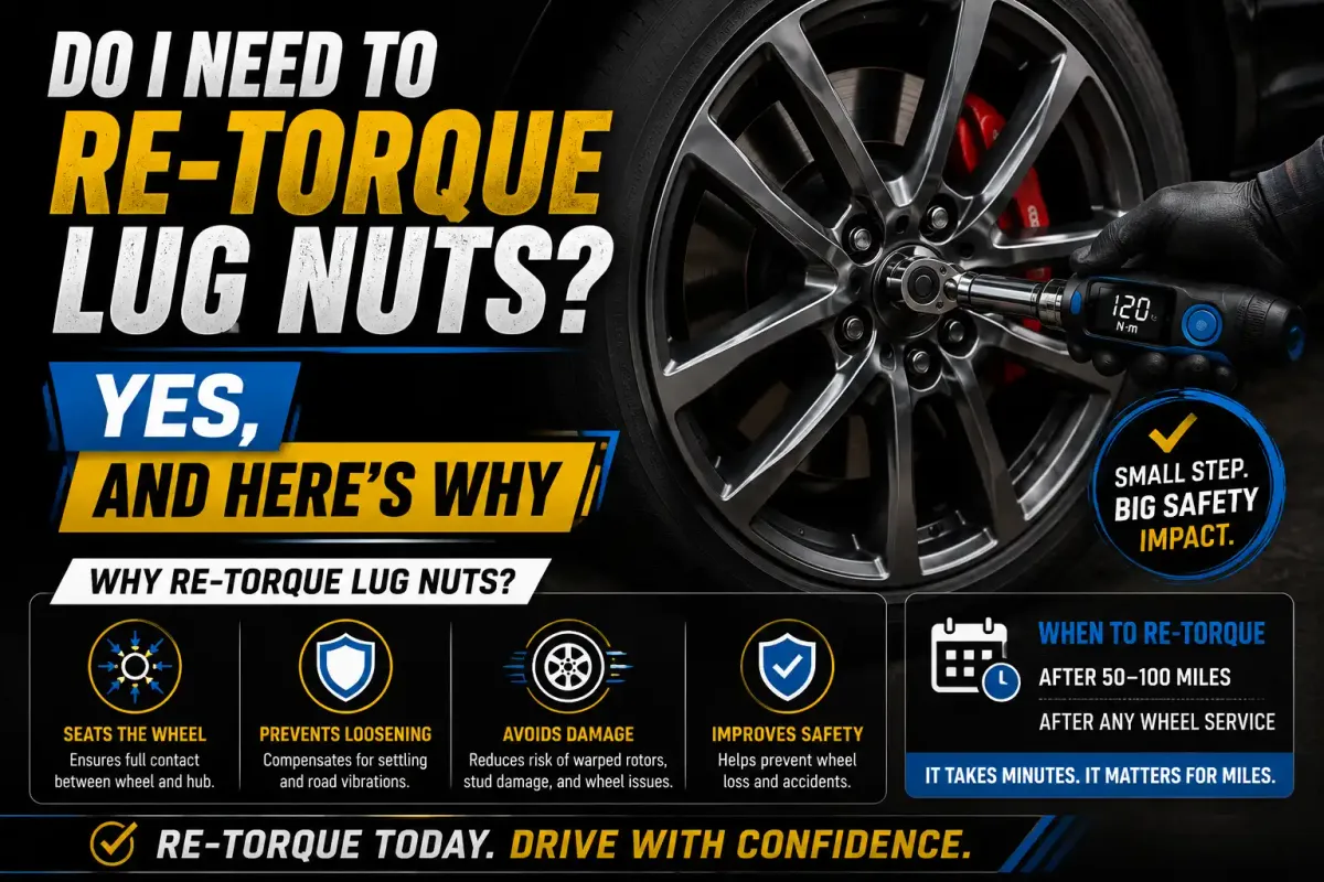 Torque wrench re-tightening car lug nuts on an alloy wheel