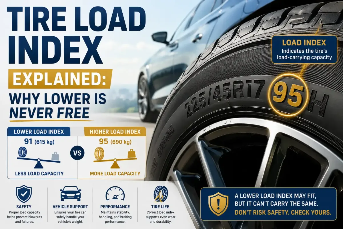 ire load index 95 highlighted on a tire sidewall with a comparison of lower and higher load capacity ratings