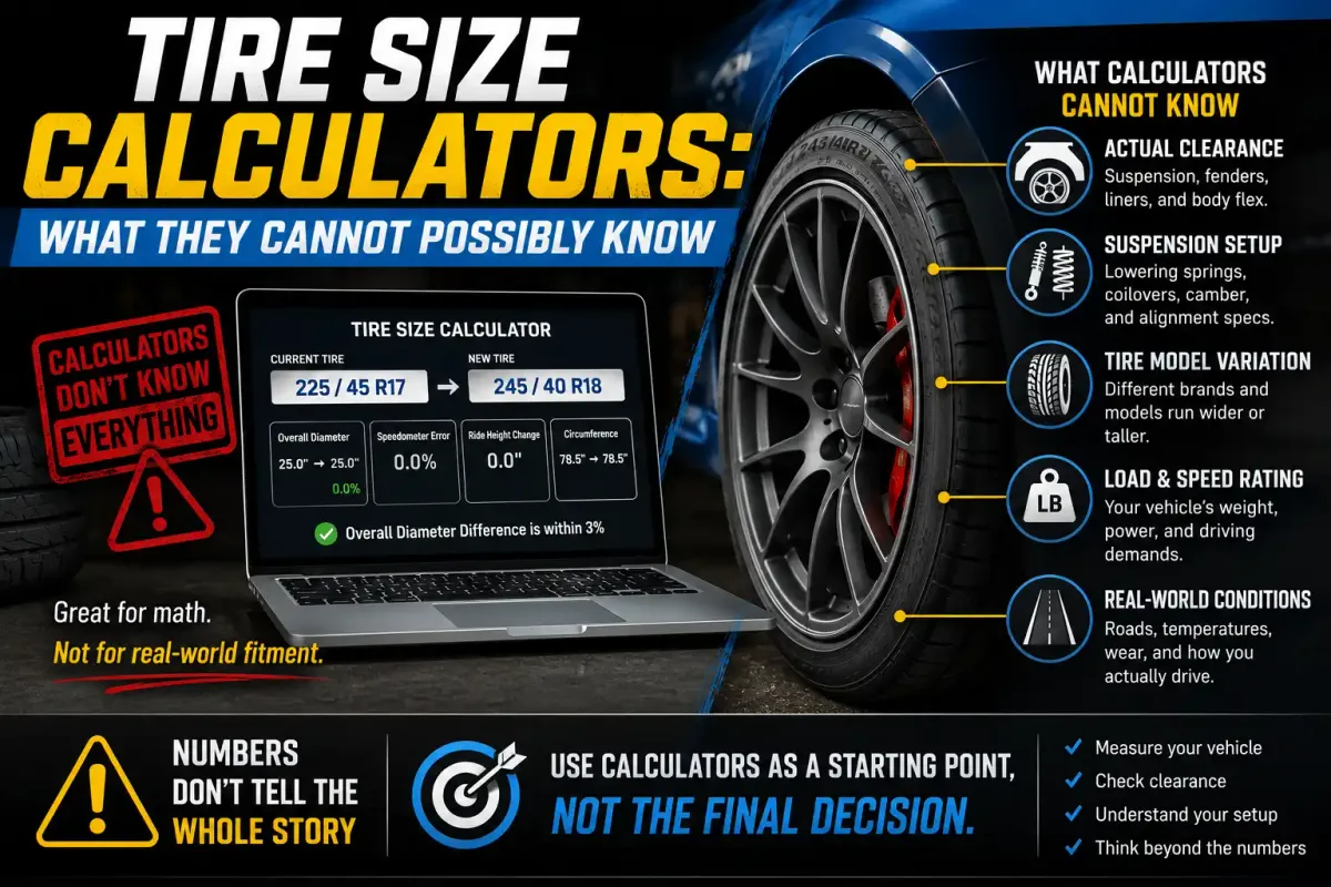 Tire size calculator shown beside a wheel with callouts for clearance, suspension setup, tire variation, load rating, and real-world fitment limits