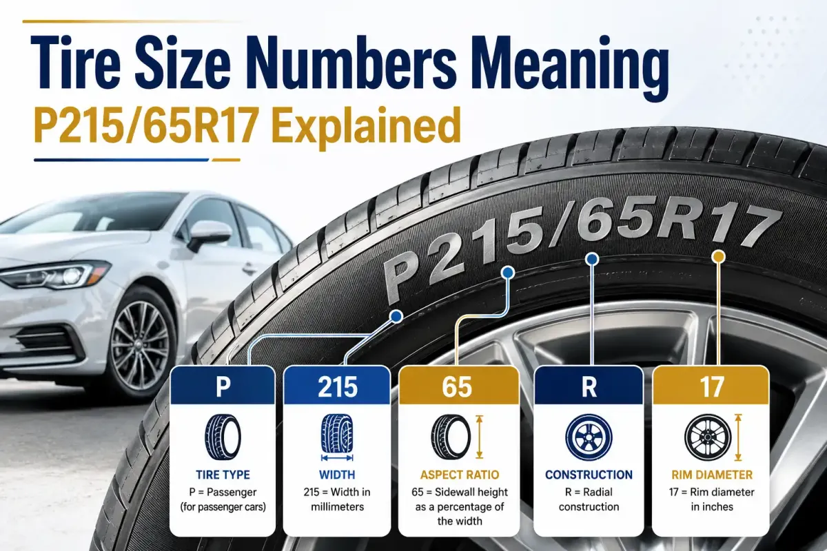 P215/65R17 tire size explained with labels for passenger tire type, width, aspect ratio, radial construction, and 17-inch rim diameter