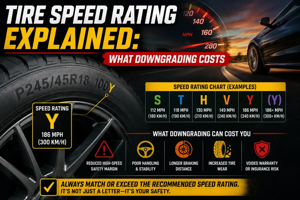Tire speed rating guide showing a Y-rated tire, speed rating chart, and the safety risks of choosing a lower speed rating
