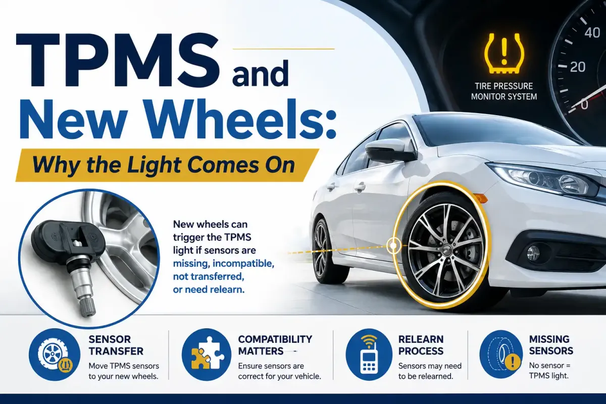 TPMS warning light and new wheels on a car, showing why the tire pressure sensor alert may turn on