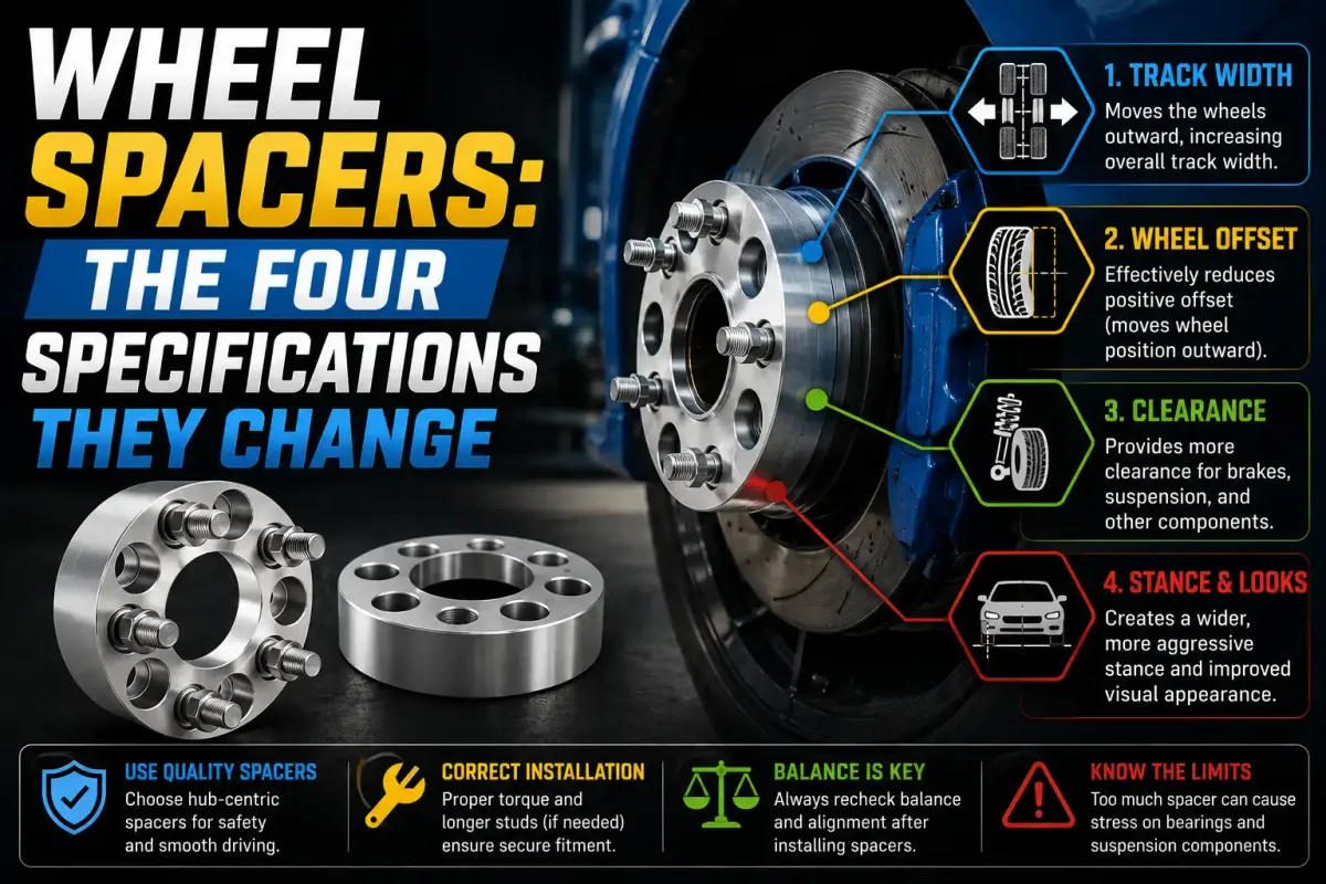 Wheel spacer infographic showing how spacers change track width, wheel offset, brake and suspension clearance, and vehicle stance