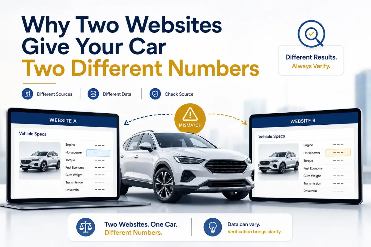 Two websites showing different vehicle specifications for the same car, highlighting data mismatches and the need to verify sources