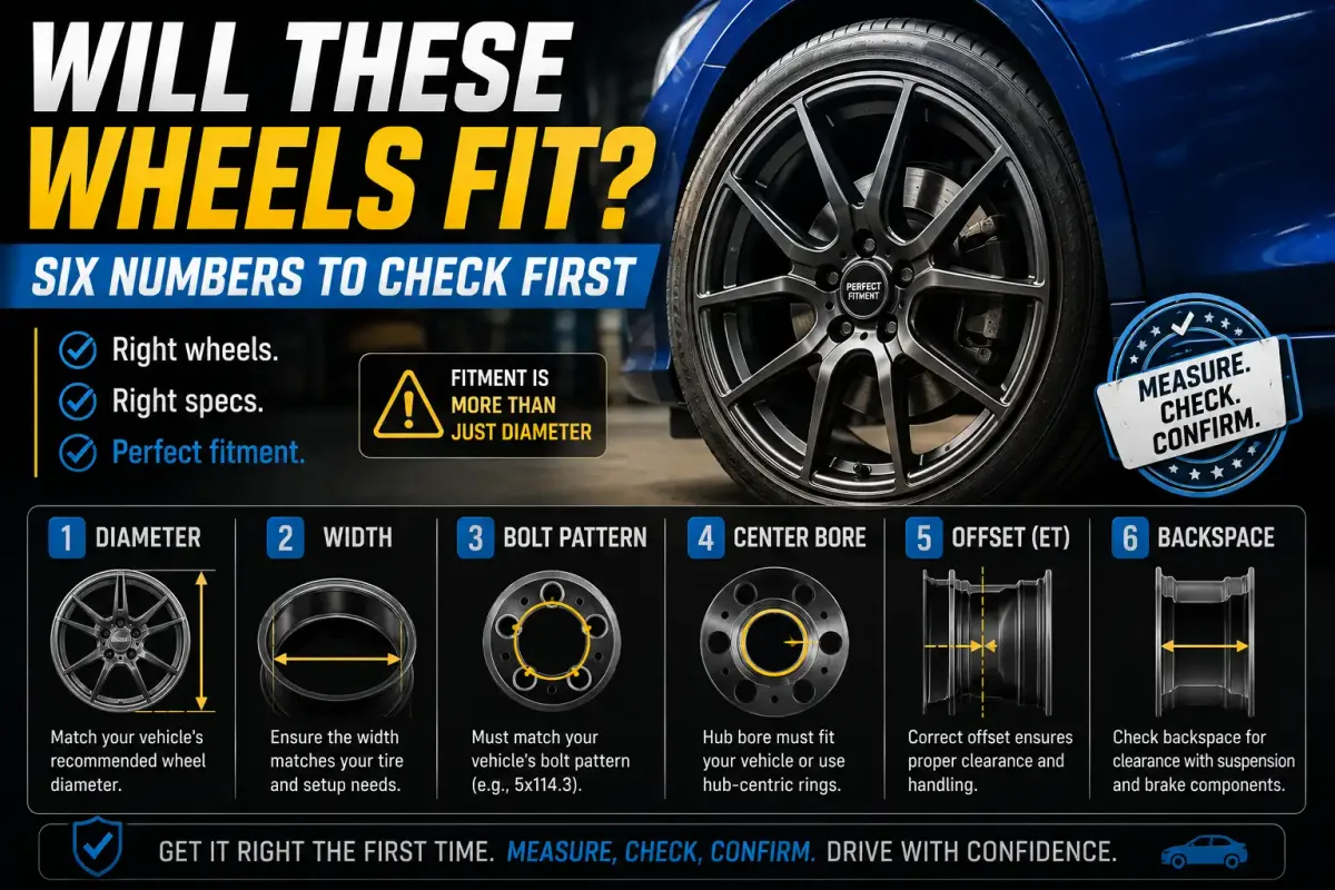 Wheel fitment guide showing six key measurements to check before buying wheels