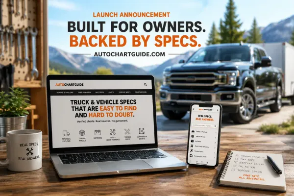 AutoChartGuide launch announcement with vehicle specs website, pickup truck, laptop, and smartphone