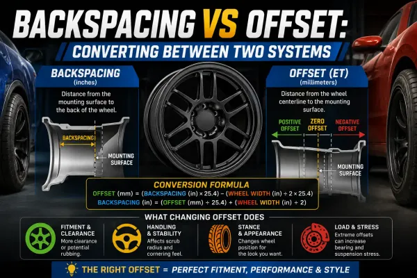 Backspacing vs wheel offset infographic showing measurement points, positive and negative offset, and conversion between inches and millimeters