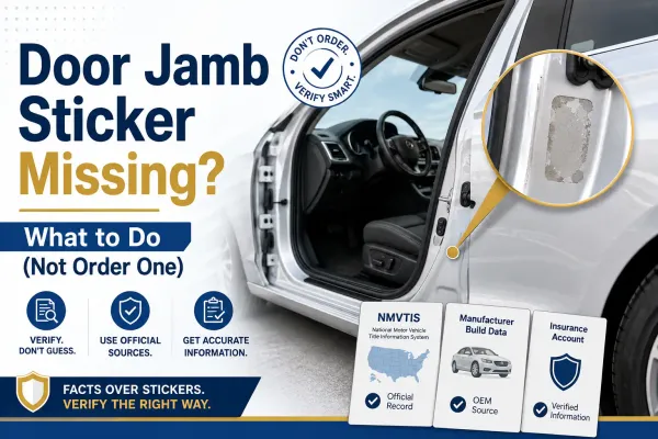 Missing door jamb sticker on a car door frame with guidance on how to verify vehicle information using official sources