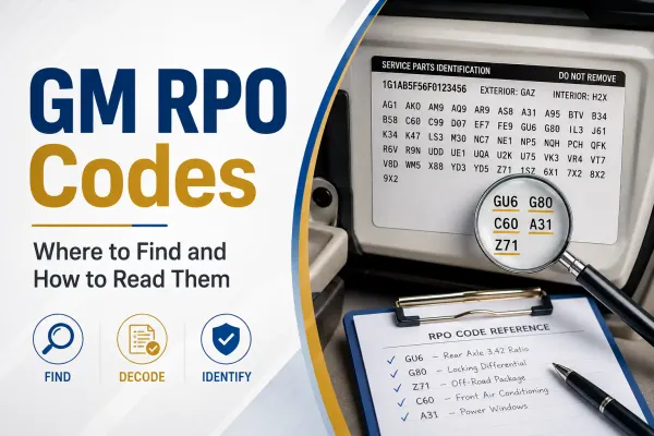 GM RPO code label with a magnified view of option codes and a reference sheet explaining how to find and read GM RPO codes