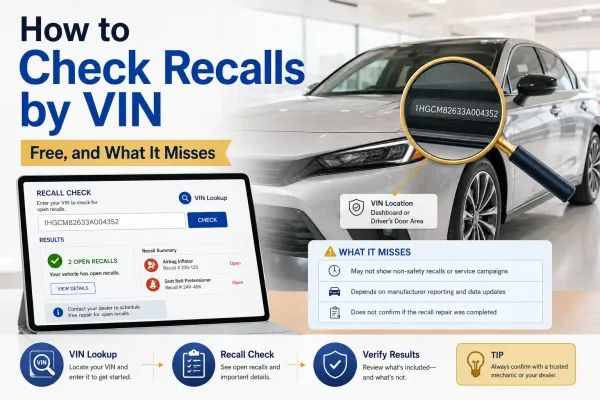 VIN recall check guide showing a car VIN lookup, recall results dashboard, and key limitations of checking recalls by VIN for free