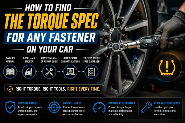 Digital torque wrench tightening a car wheel fastener using the correct torque specification