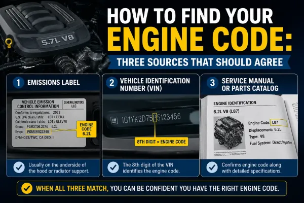 Engine code guide showing three sources to verify the correct engine code, including the emissions label, VIN, and service manual