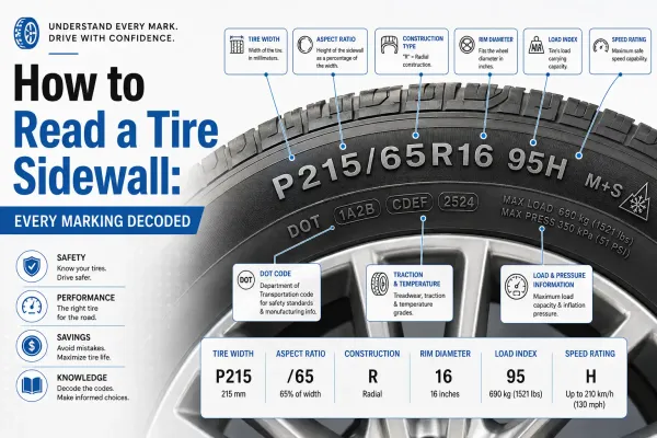 Tire sidewall guide showing how to read tire size, load index, speed rating, DOT code, and other sidewall markings