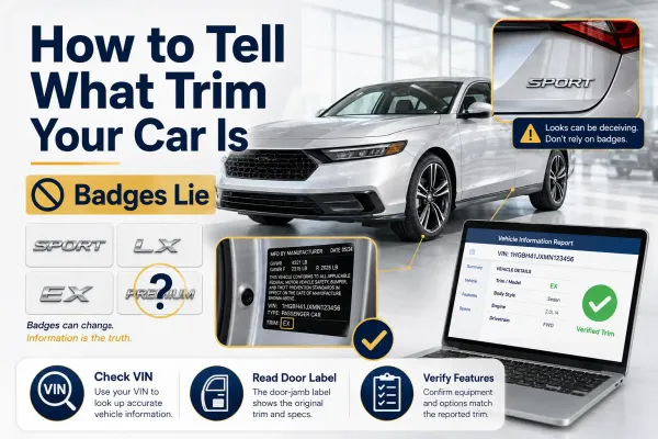Car trim identification guide showing badges, VIN lookup, door-jamb label, and vehicle information used to verify the correct trim level