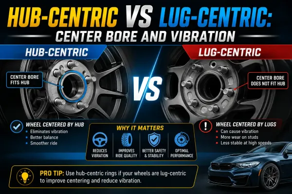 Hub-centric and lug-centric wheel comparison showing center bore fit, wheel centering, vibration differences, and hub-centric ring use