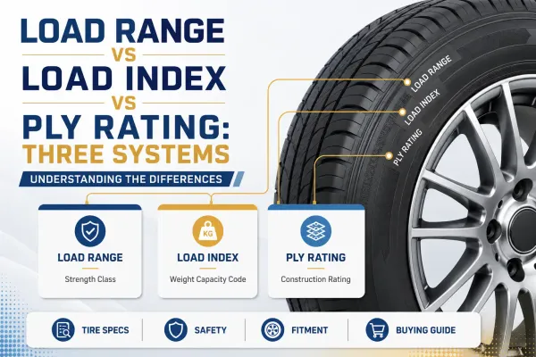 Tire guide comparing load range, load index, and ply rating, showing the differences between tire strength class, weight capacity code, and construction rating