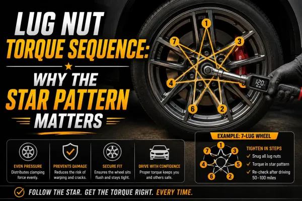 Lug nut torque sequence showing the star pattern for even wheel tightening