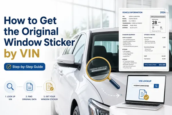 VIN lookup process showing a vehicle VIN, original window sticker, and laptop used to retrieve factory vehicle information