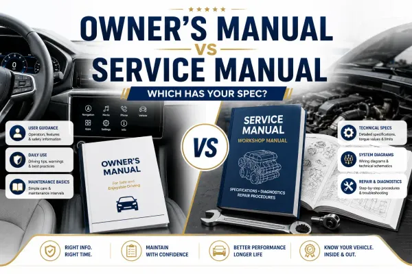 Owner’s manual and service manual compared side by side, showing where to find vehicle guidance, maintenance details, technical specs, diagrams, and repair information