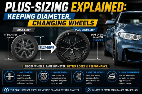 Plus-sizing wheel guide comparing stock and larger wheels while keeping the same overall tire diameter for proper fitment