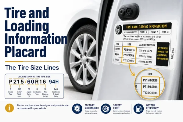 Tire and loading information placard showing front, rear, and spare tire size lines with a tire size code explained