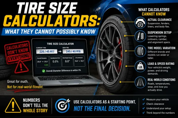 Tire size calculator shown beside a wheel with callouts for clearance, suspension setup, tire variation, load rating, and real-world fitment limits