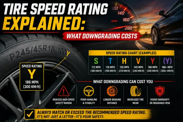 Tire speed rating guide showing a Y-rated tire, speed rating chart, and the safety risks of choosing a lower speed rating