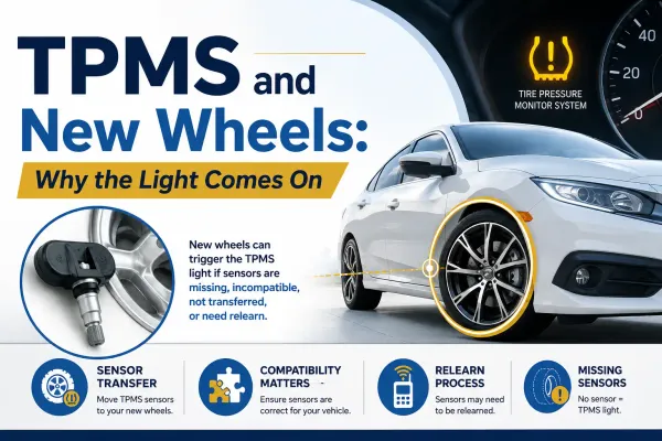 TPMS warning light and new wheels on a car, showing why the tire pressure sensor alert may turn on