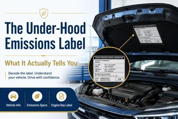 Under-hood vehicle emissions label showing emissions specifications, engine information, and regulatory details inside the engine bay