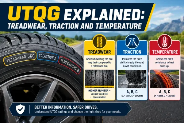 UTQG tire rating guide explaining treadwear, traction, and temperature grades shown on a tire sidewall