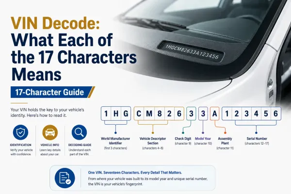 VIN decode guide showing what each of the 17 vehicle identification number characters means on a car dashboard VIN plate