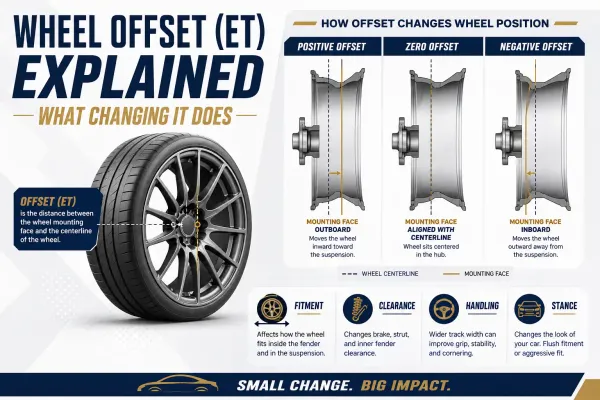 Wheel offset ET guide showing positive, zero, and negative offset and how changing wheel offset affects fitment, clearance, handling, and stance