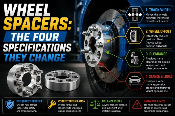 Wheel spacer infographic showing how spacers change track width, wheel offset, brake and suspension clearance, and vehicle stance