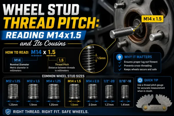 Wheel stud thread pitch guide explaining M14x1.5 and other common wheel stud sizes for proper lug nut fitment and wheel safety