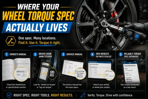 Wheel torque spec guide showing trusted sources and a torque wrench tightening a lug nut