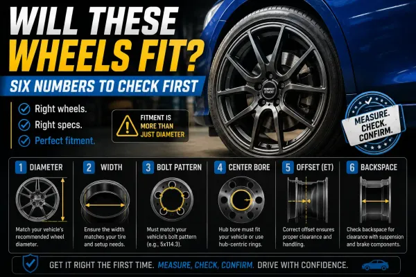 Wheel fitment guide showing six key measurements to check before buying wheels